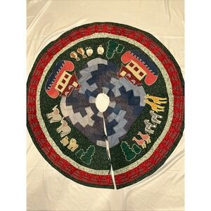 Noahs Ark Quilted Christmas Tree Skirt VTG Burgundy Forest Green 46"